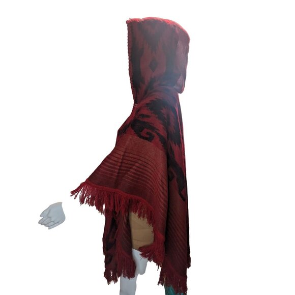 Red Western Style Poncho w/Fringe 100% Wool Boho Festive Handmade inEcuador OSFM - Picture 5 of 10